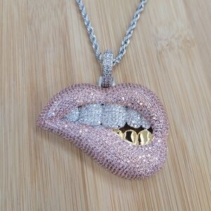 Brand New Pink Lip Stainless Steel Rhinestone Necklace